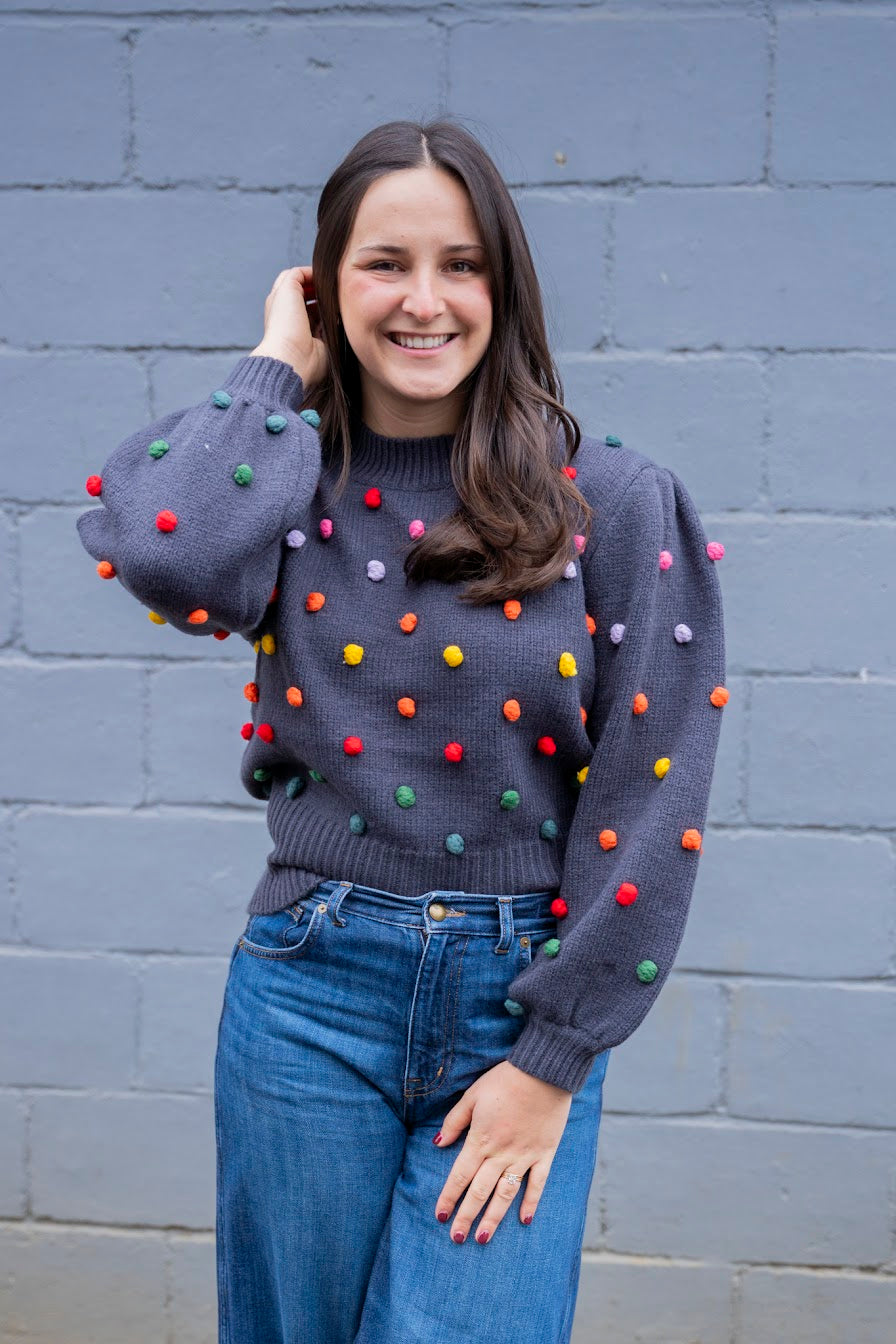 Ink Rainbow Pom Pom Mock Neck Sweater