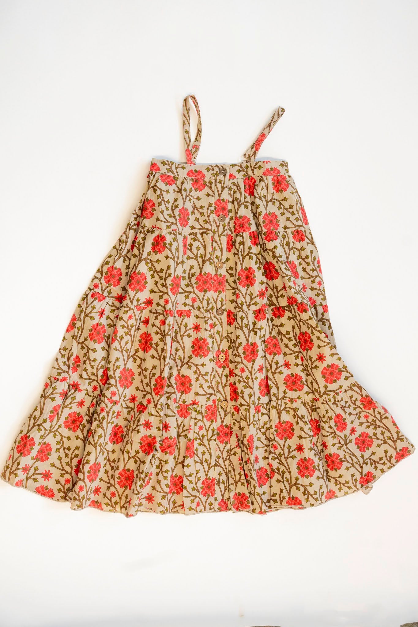 Tan & Coral Floral Spaghetti Strap Tiered Dress